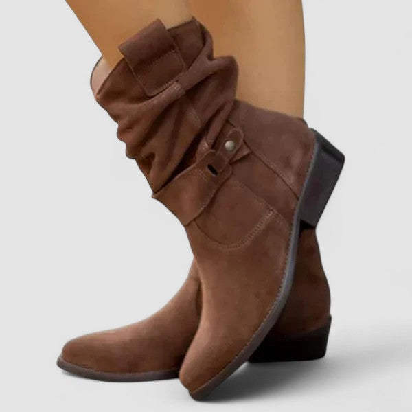 Suede Look Slouch Buckle Strap Block Heel Mid Calf Boots
