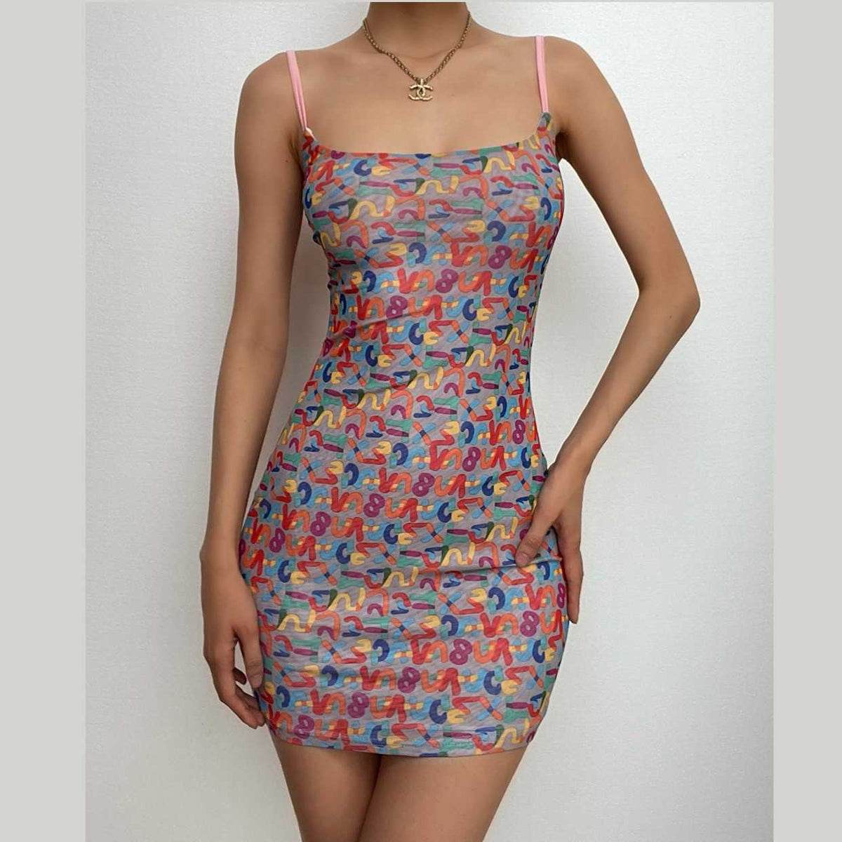 Letter Print Mesh Square Neck Spaghetti Strap Bodycon Mini Dress