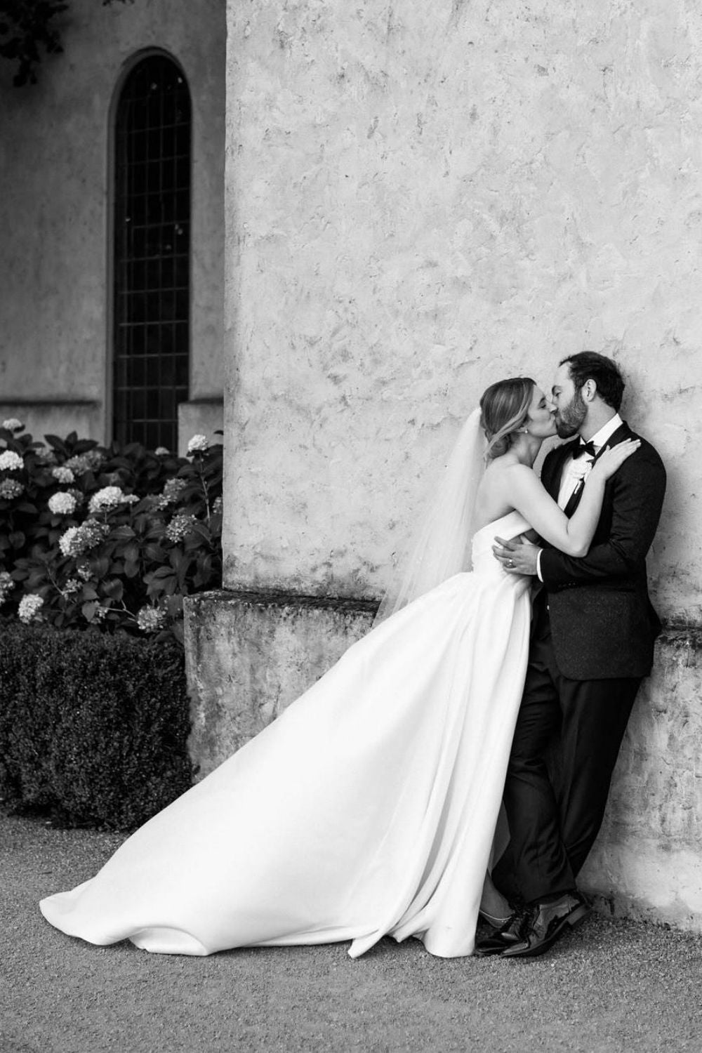 Classic A Line Strapless White Satin Long Wedding Dress with Sweep Train