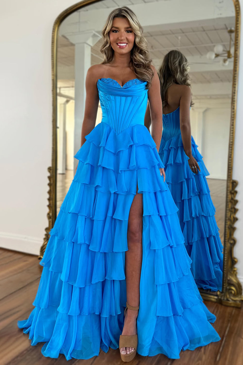 Lovely Yellow A-Line Sweetheart Long Tiered Prom Dress with Slit