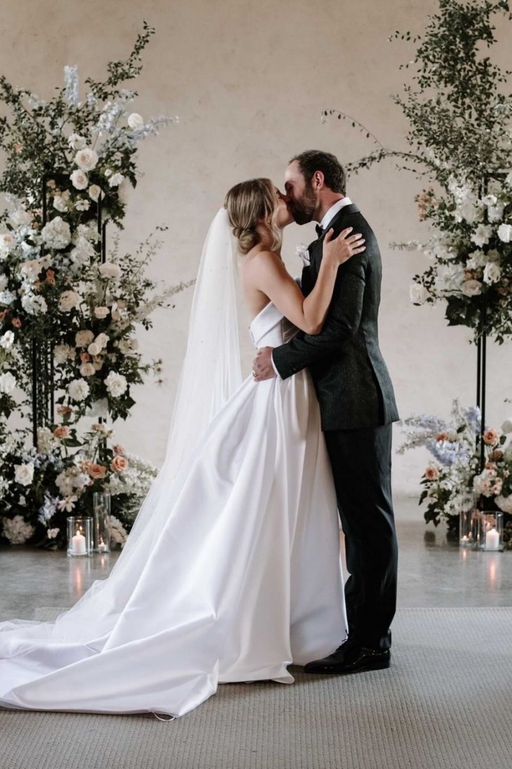 Classic A Line Strapless White Satin Long Wedding Dress with Sweep Train
