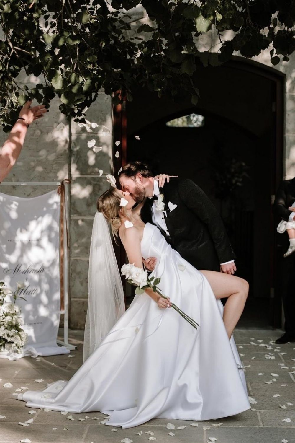Classic A Line Strapless White Satin Long Wedding Dress with Sweep Train