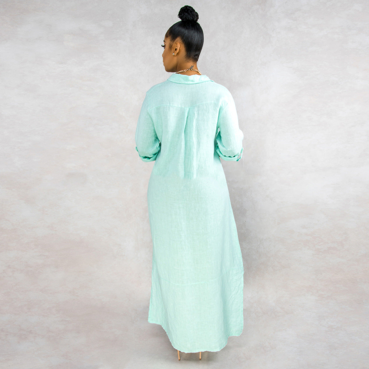 Button Down Collared Roll Tab Sleeve Box Pleat Back Oversized Maxi Shirt Dress