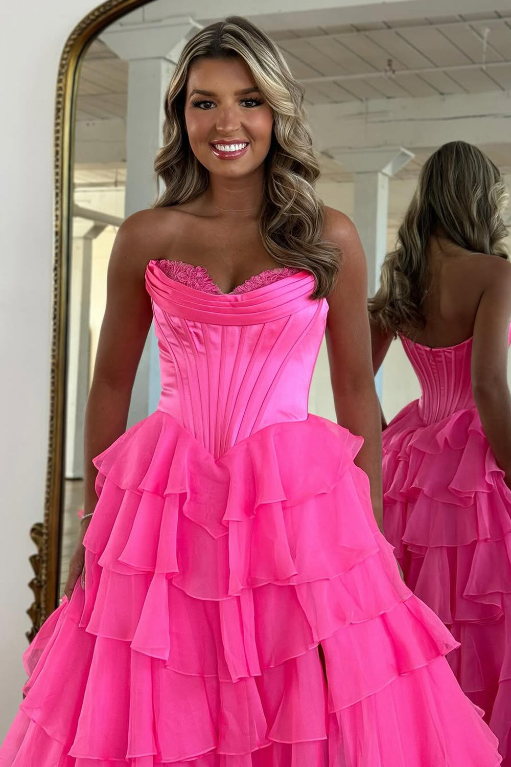 Lovely Yellow A-Line Sweetheart Long Tiered Prom Dress with Slit