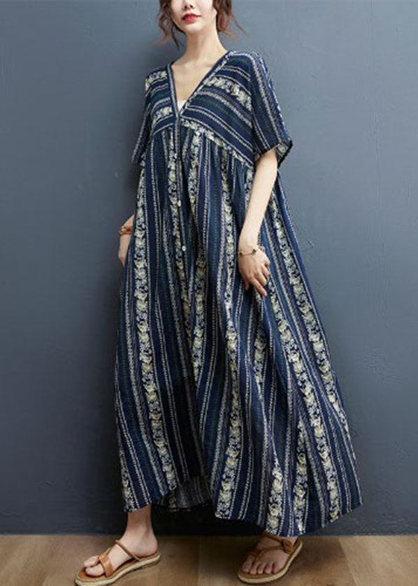 Vertical Border Print V-Neck Button Front Short Sleeve Maxi Dress