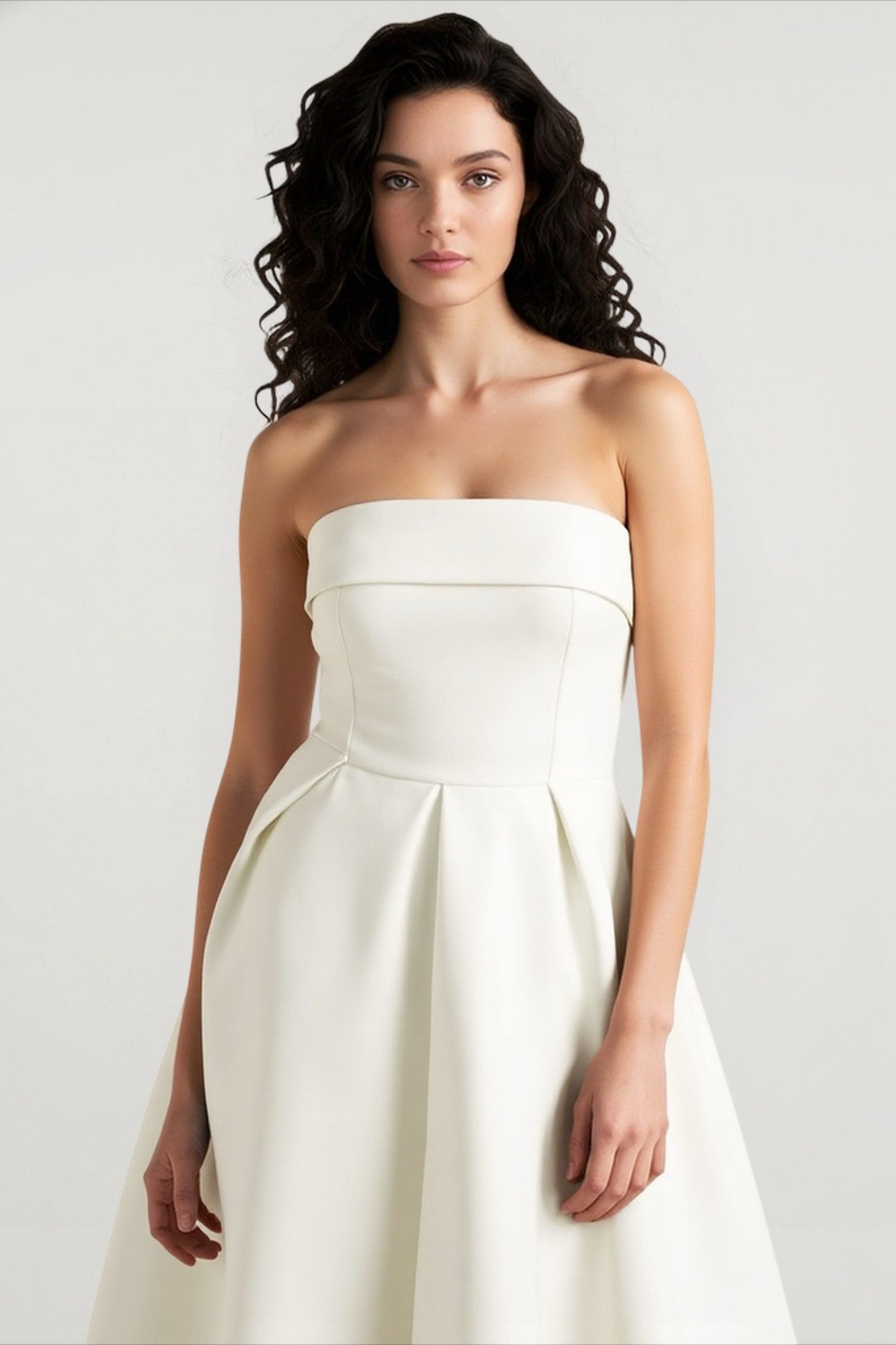 Strapless Fold Over Neck Pleated Fit and Flare Midi Cocktail Dress