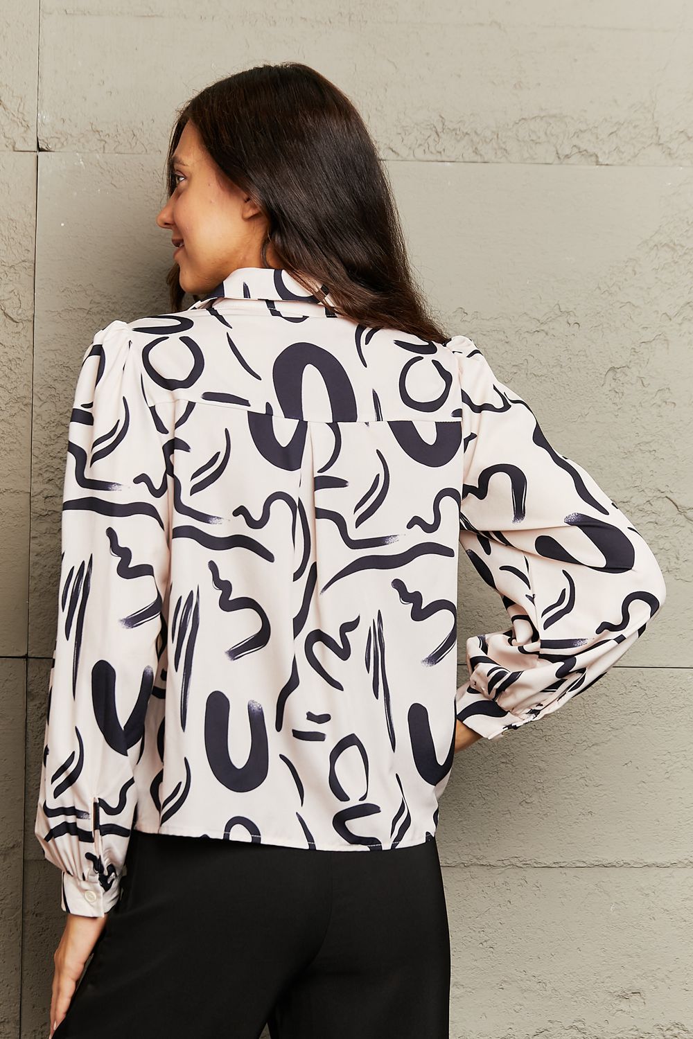 Abstract Print Collared Long Puff Sleeve Button Front Shirt 2