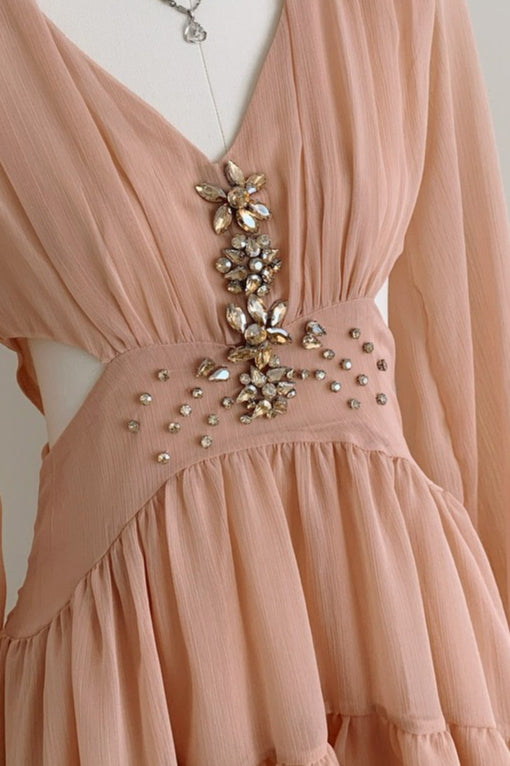Elegant Deep V Cut Out Waist Rhinestone Chiffon Mini Dress - View 7
