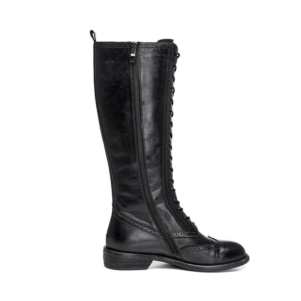 Handmade Wingtip Lace up Leather Knee High Boots Side Zip Riding Boots Short Plush Lining in Black/Coffee