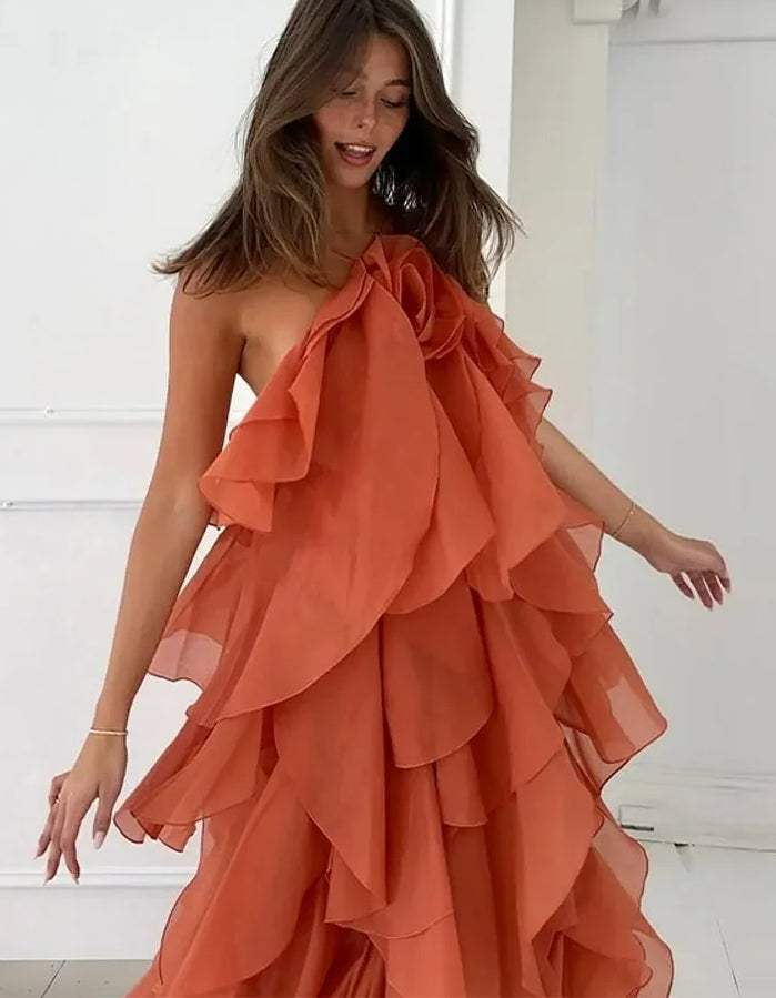 Cascading Ruffles Halter Midi Dress