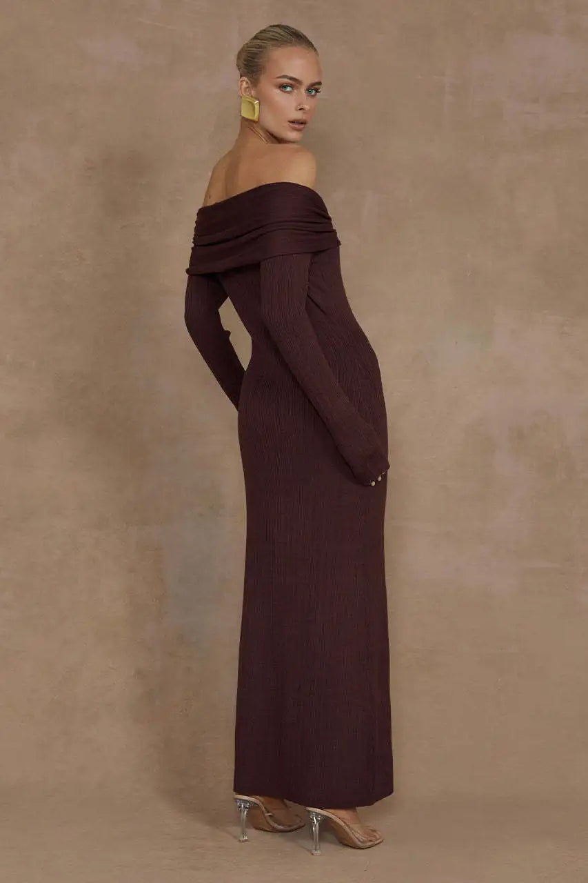 Off Shoulder Long Sleeve Ribbed Knit Twist Front Maxi Dress 6