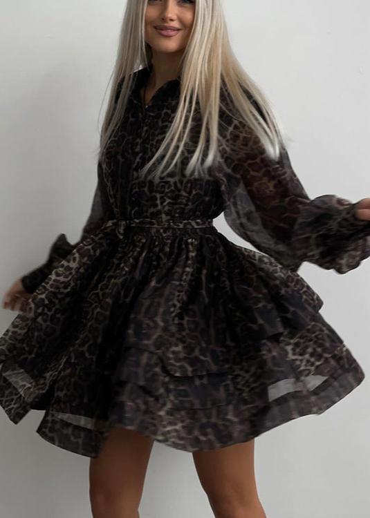 Animal Print Sheer Button Front Puff Sleeve Tiered Ruffle Mini Dress