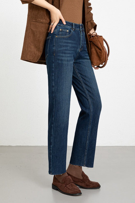 High Waist Fleece Lined 4 Way Stretch Raw Hem Ankle Crop Jeans