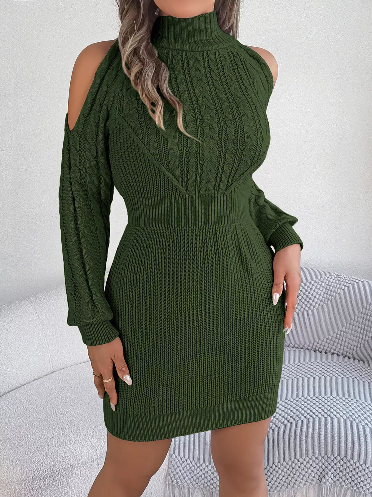 Cold Shoulder Cable Knit Turtleneck Long Sleeve Sweater Dress 6