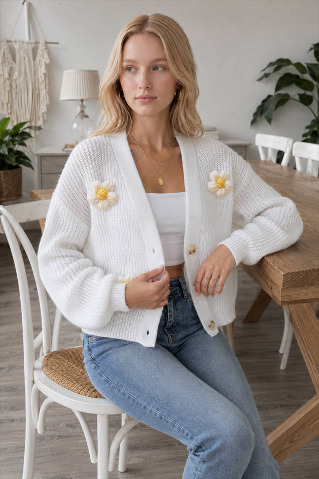 Short Floral Knit Long Sleeve Cardigan