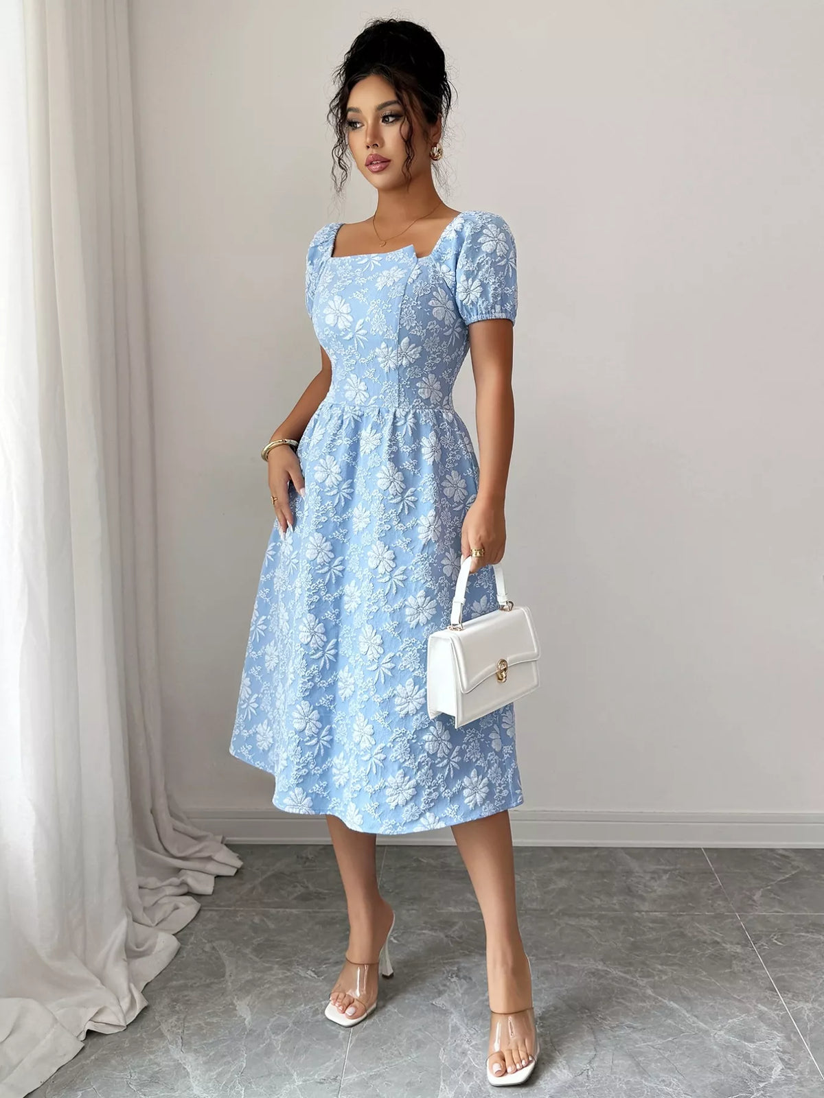 Floral Square Neck Puff Sleeve Midi Dress