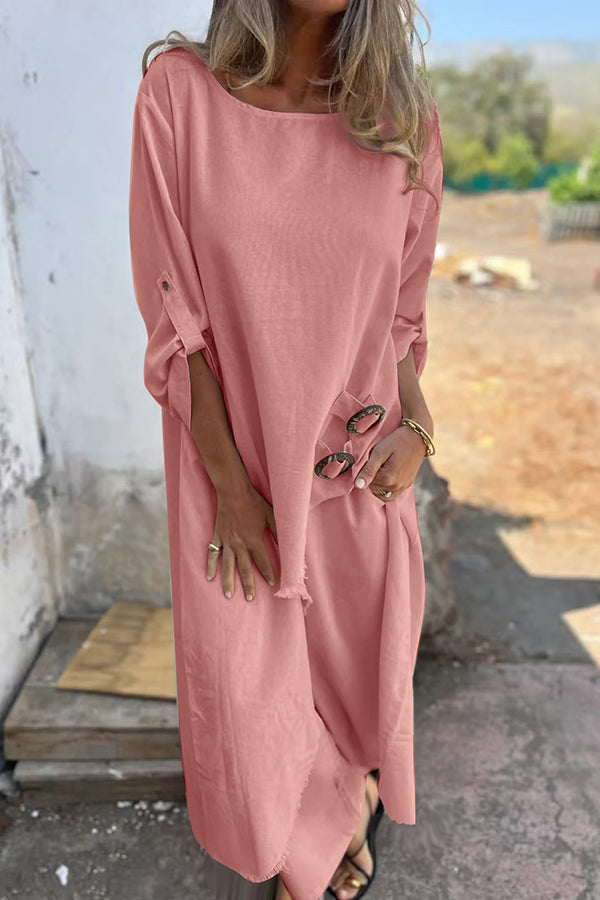 Ring Detail Button Tab Sleeve Asymmetrical Frayed Hem Tunic Wide Leg Two Piece Set