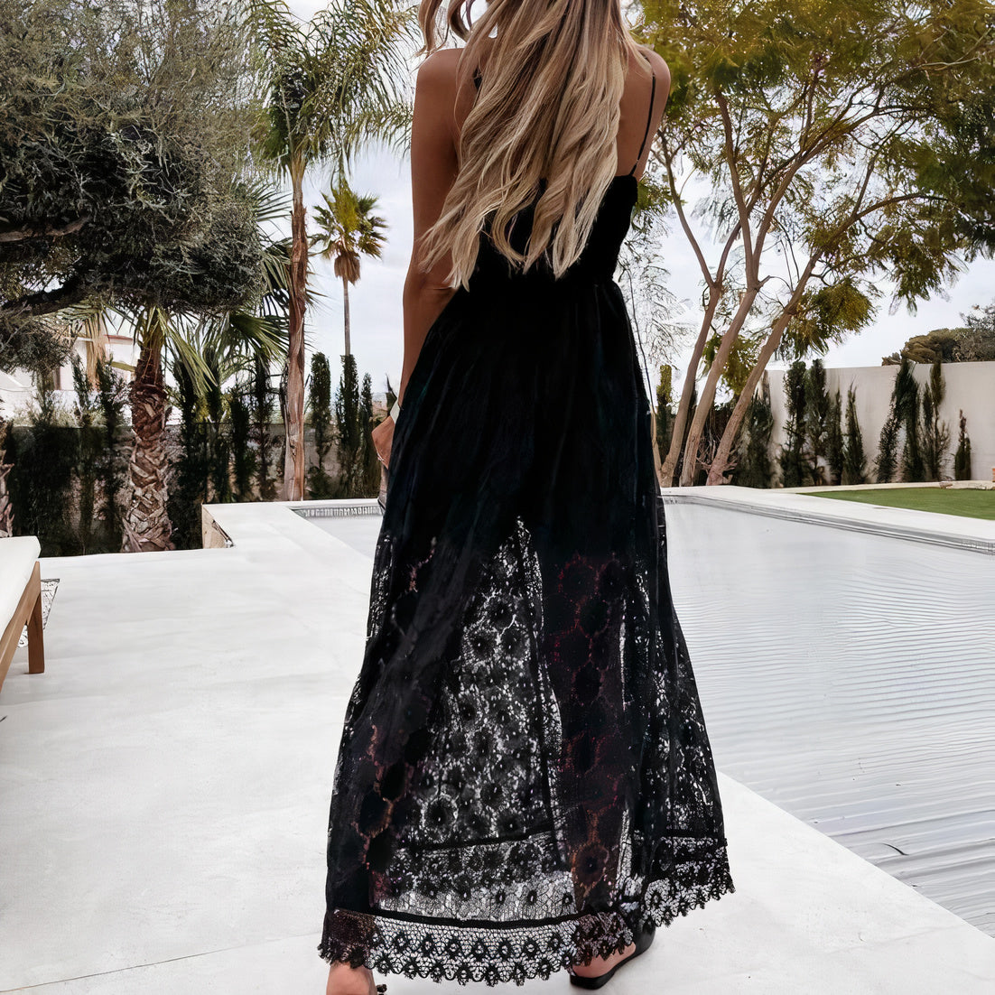 Lace Surplice Spaghetti Strap Romper Sheer Lace Overlay Maxi Dress
