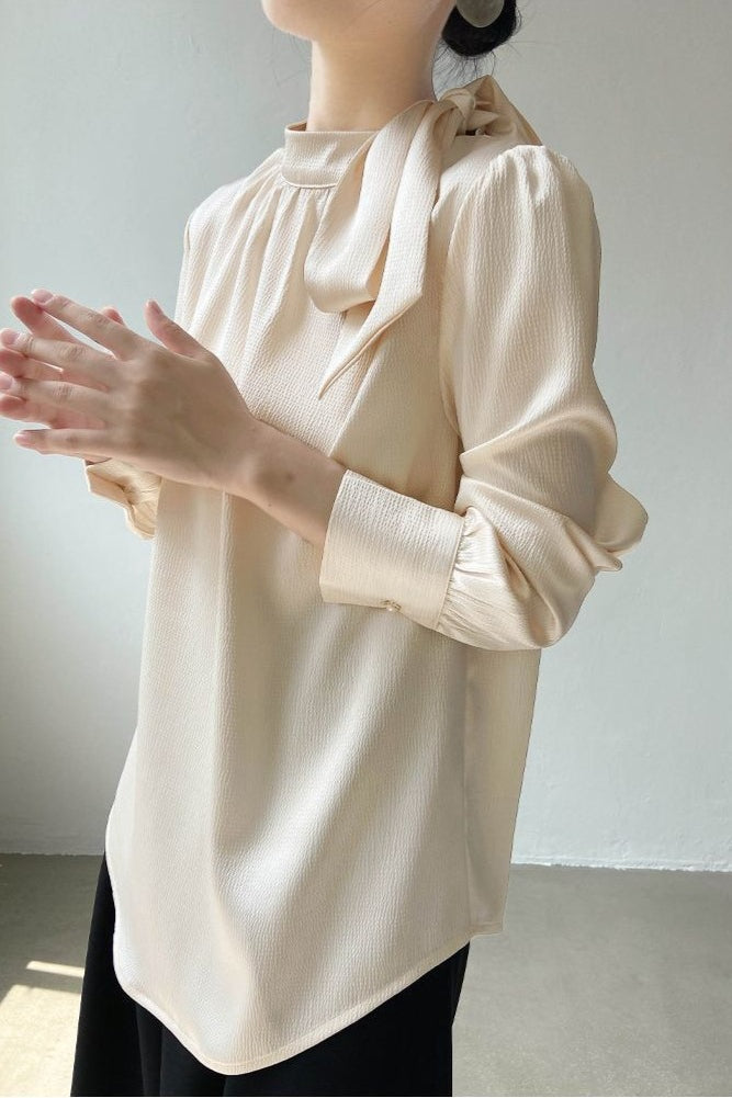 Bow Tie Front Soft Workwear Slim Long Sleeve Blouse