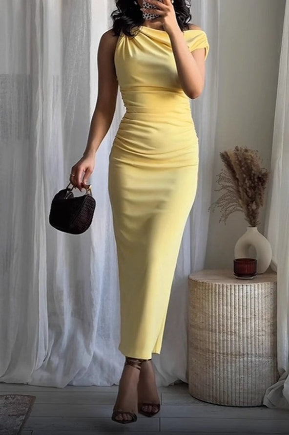 Satin Cowl Neck Ruched Asymmetric Bodycon Maxi Dress