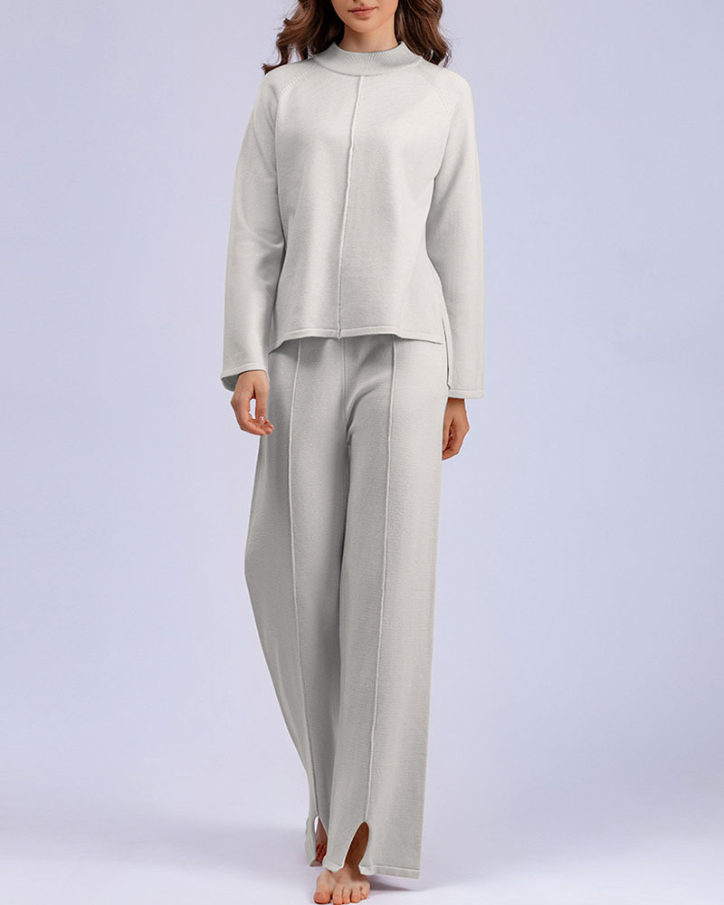 Solid color slit sweater wide-leg trousers two-piece set