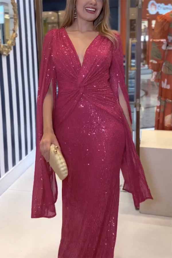 Sequin Deep V-Neck Cape Sleeve Twist Waist Maxi Dress