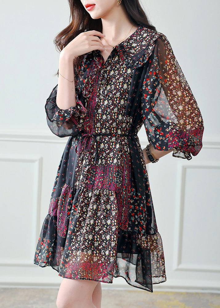 Chiffon Ruffle Trim V-Neck Long Sleeve Tiered Floral Mini Dress
