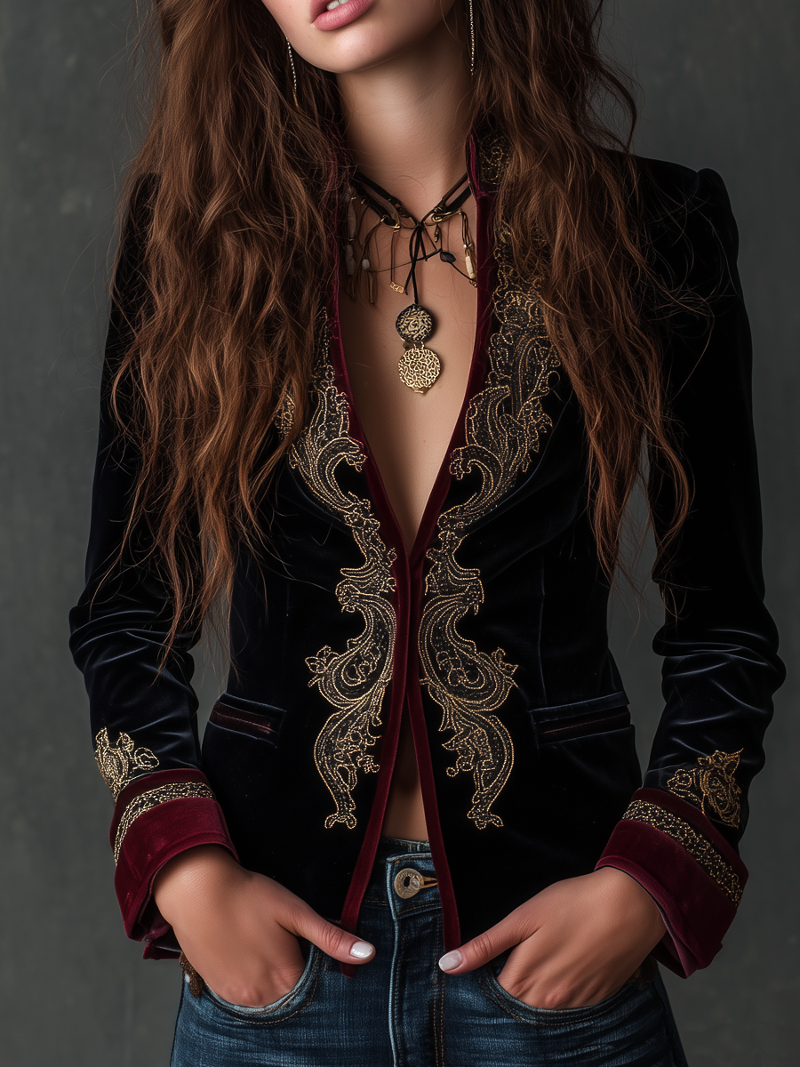 Baroque Embroidered Plunge Velvet Blazer