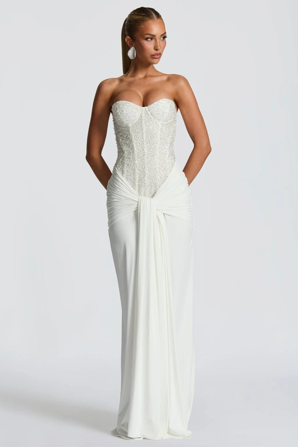 Sequin Strapless Corset Ruched High Split Mermaid Maxi Dress