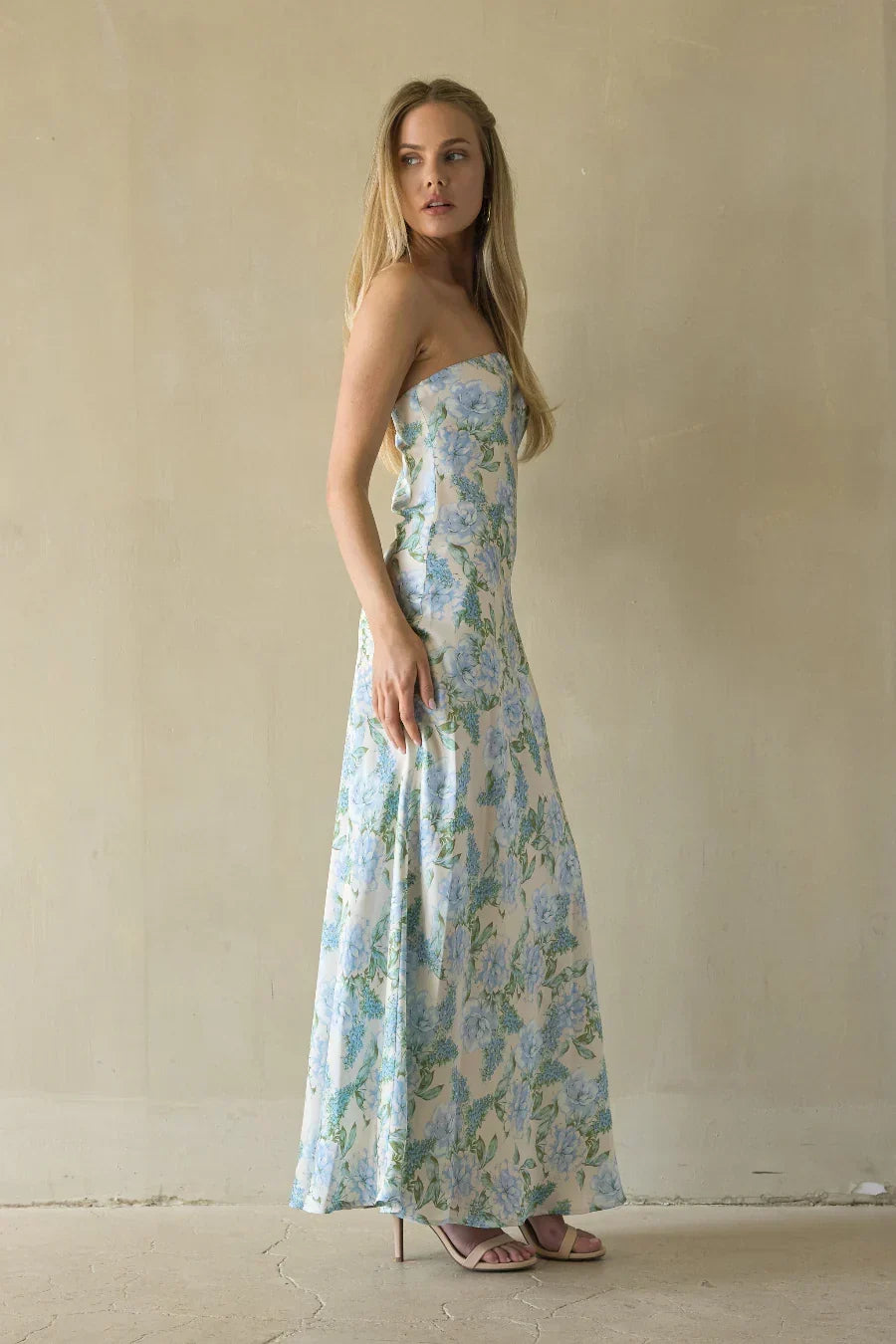 Floral Print Satin Strapless Column Maxi Dress 4