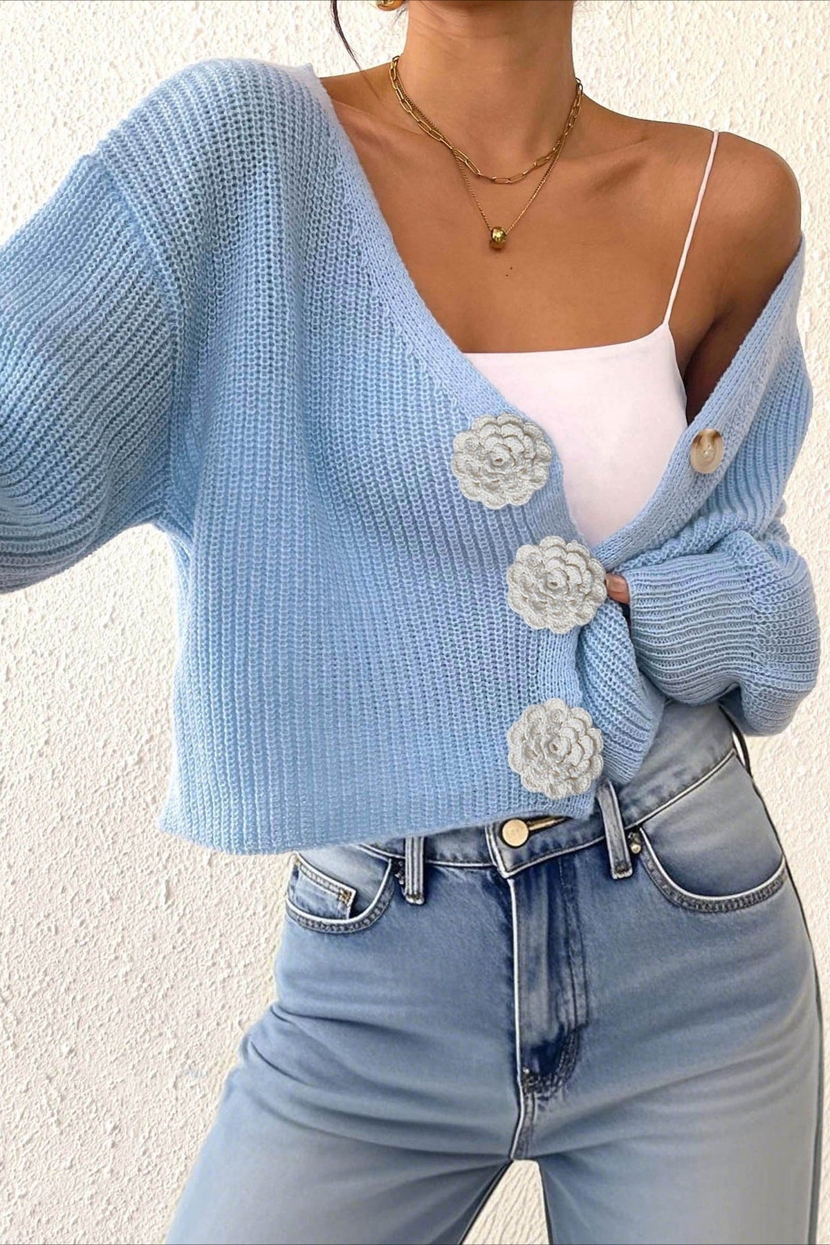 V-Neck Crochet Flower Button Front Ribbed Knit Cropped Cardigan 6
