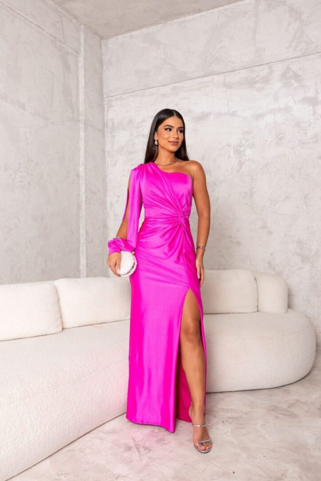 Satin One Shoulder Draped Bishop Sleeve Twist Waist Ruched High Split Midi Dress