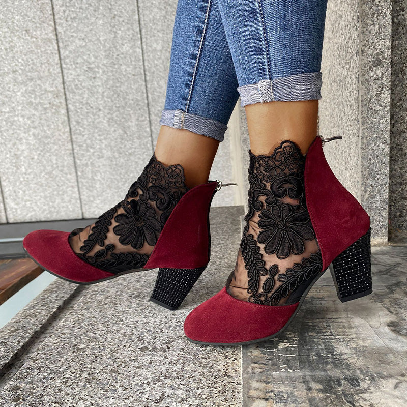 Floral Lace Mesh Rhinestone Block Heel Ankle Boots