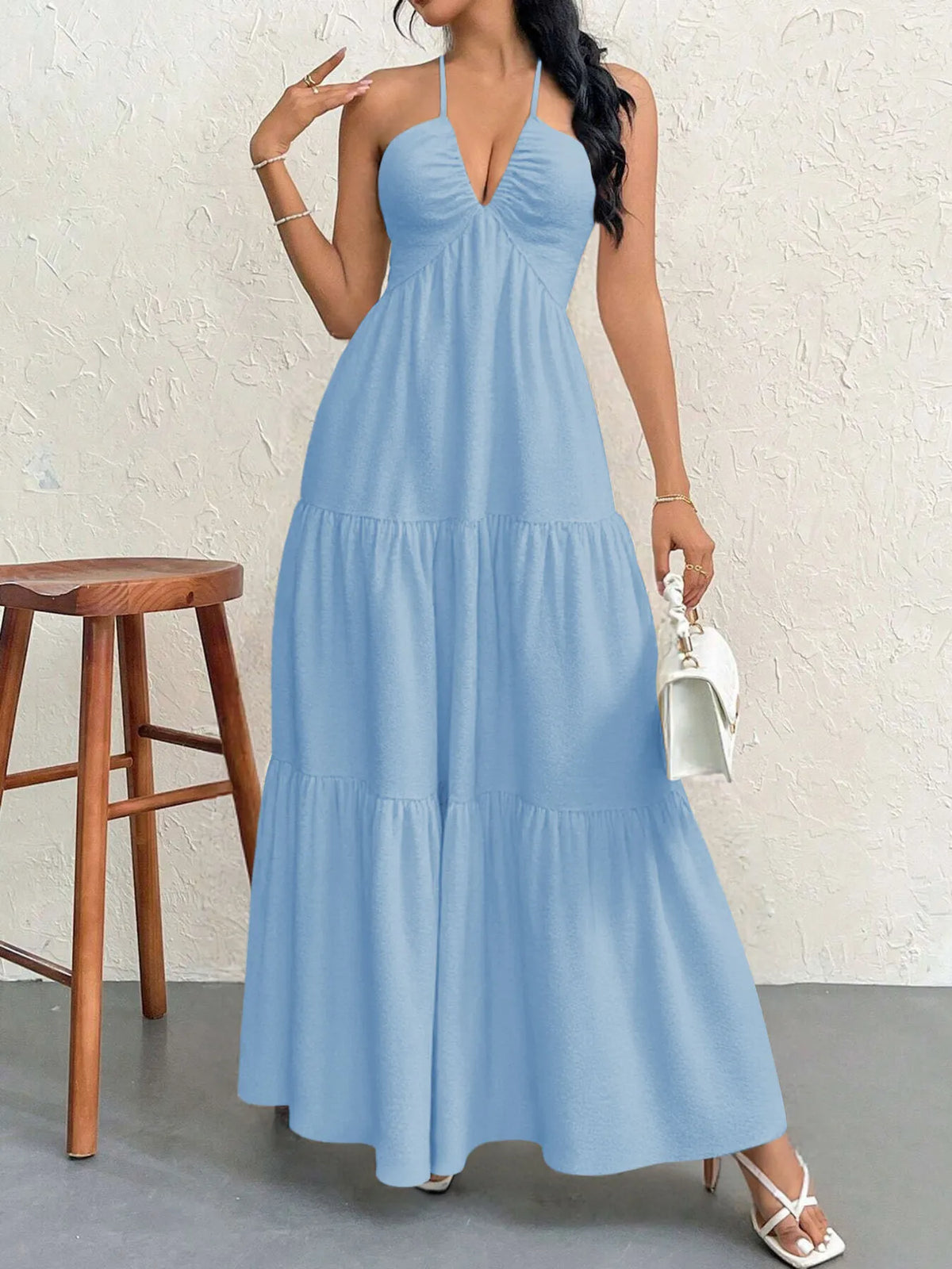 Halter Neck Deep V-Neck Sleeveless Tiered Maxi Dress 20