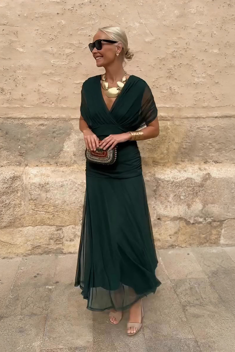 V-Neck Short Sleeve Chiffon Ruched Maxi Dress
