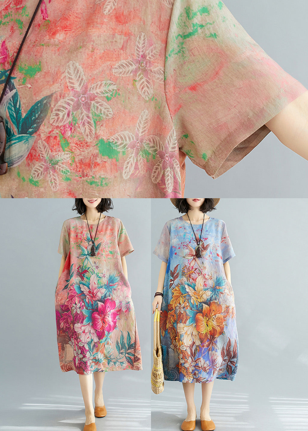 Floral Print Crew Neck Short Sleeve Pocket Oversized Midi Dress