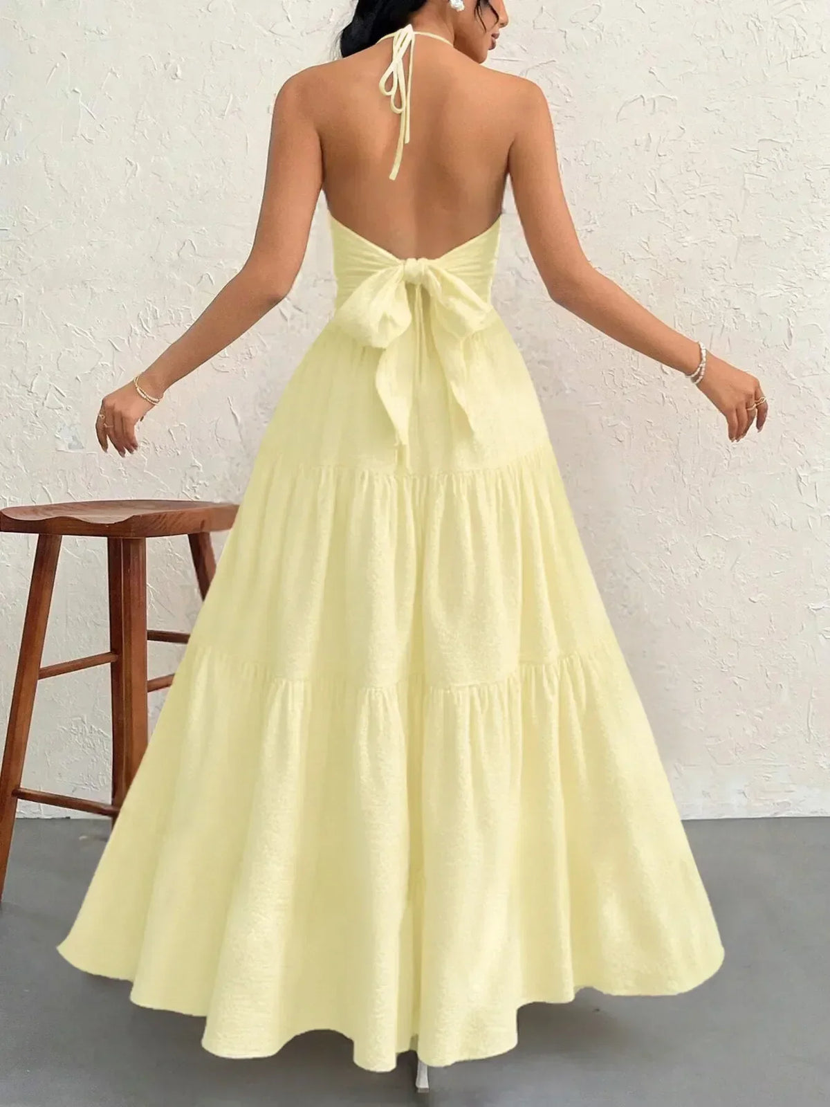 Halter Neck Deep V-Neck Sleeveless Tiered Maxi Dress 7