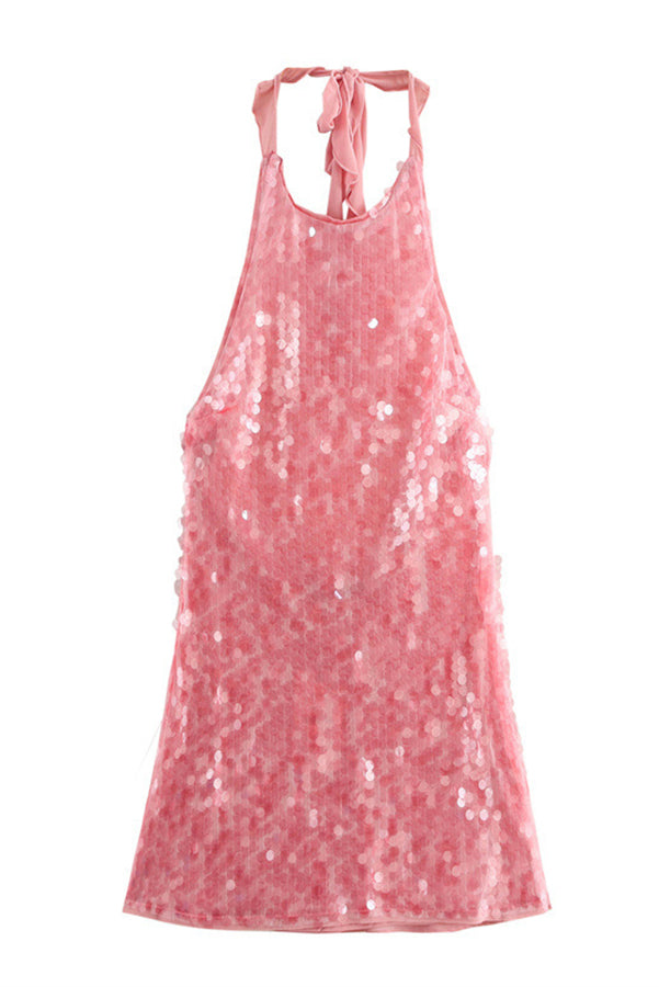 Disc Sequin Halter Neck Ruched Bodycon Mini Dress