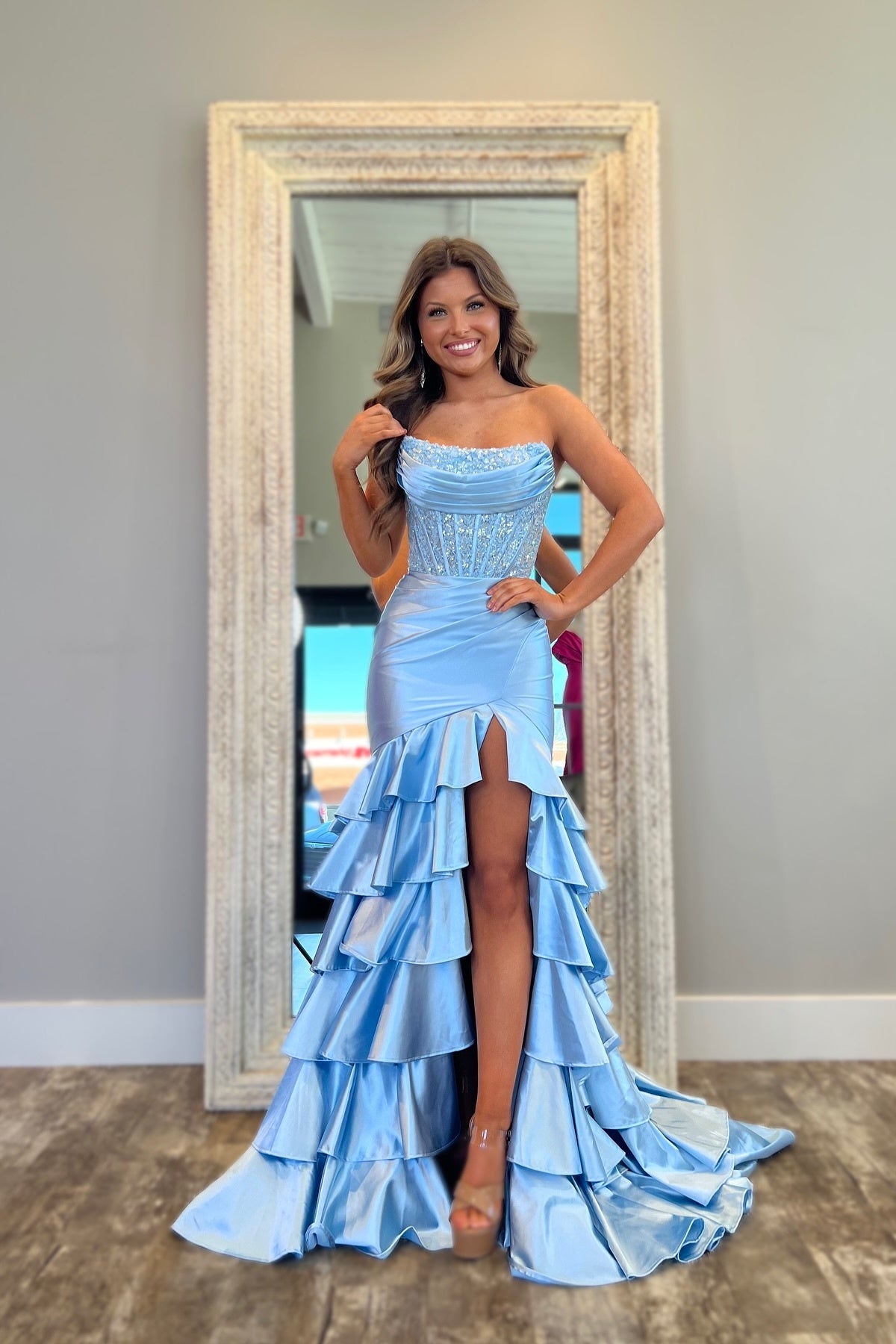 Stylish Pink Mermaid Strapless Long Tiered Satin Prom Dress with Sequin