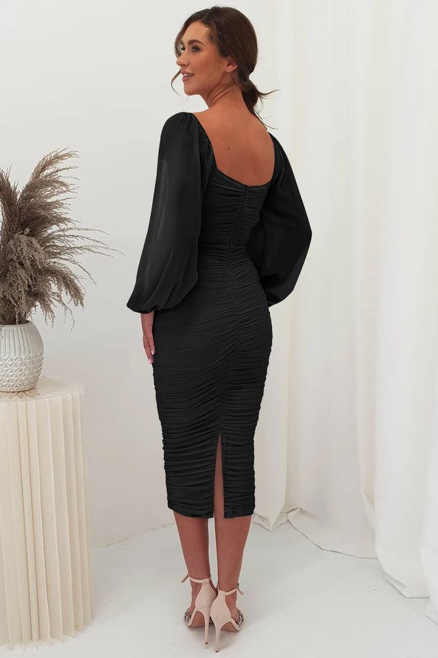 Square Neck Sheer Mesh Long Sleeve Ruched Bodycon Midi Dress 15