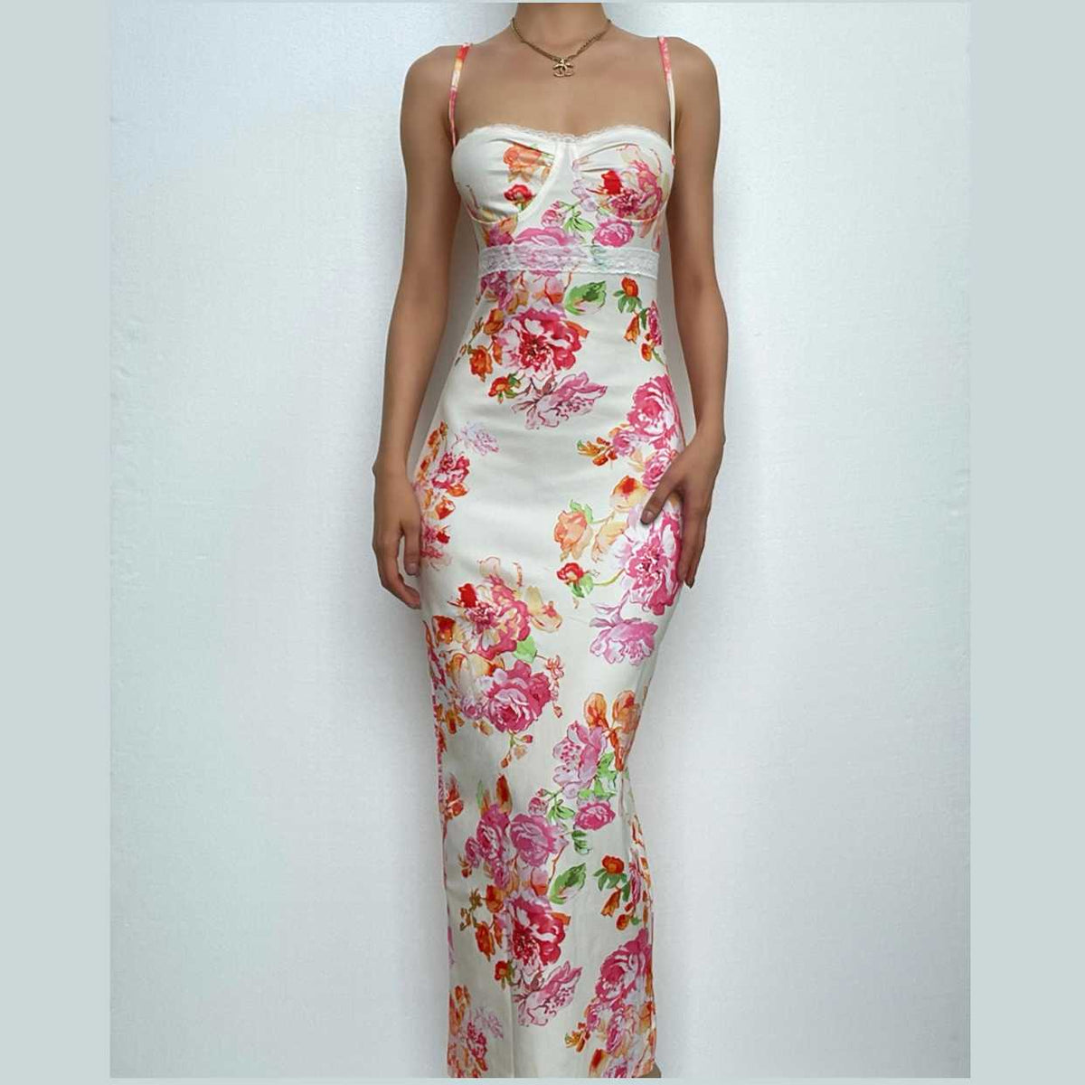 Floral Print Lace Trim Spaghetti Strap Bodycon Maxi Dress