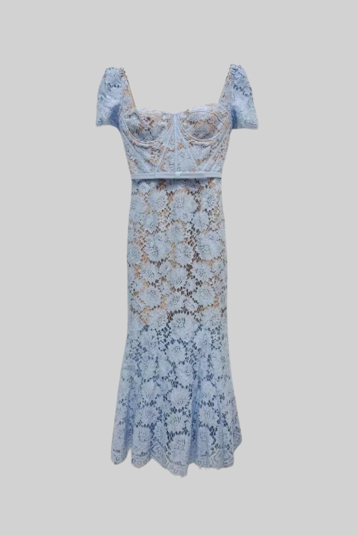 Lace Short Sleeve Sweetheart Corset Belted Trumpet Ruffle Midi Dress - View 6