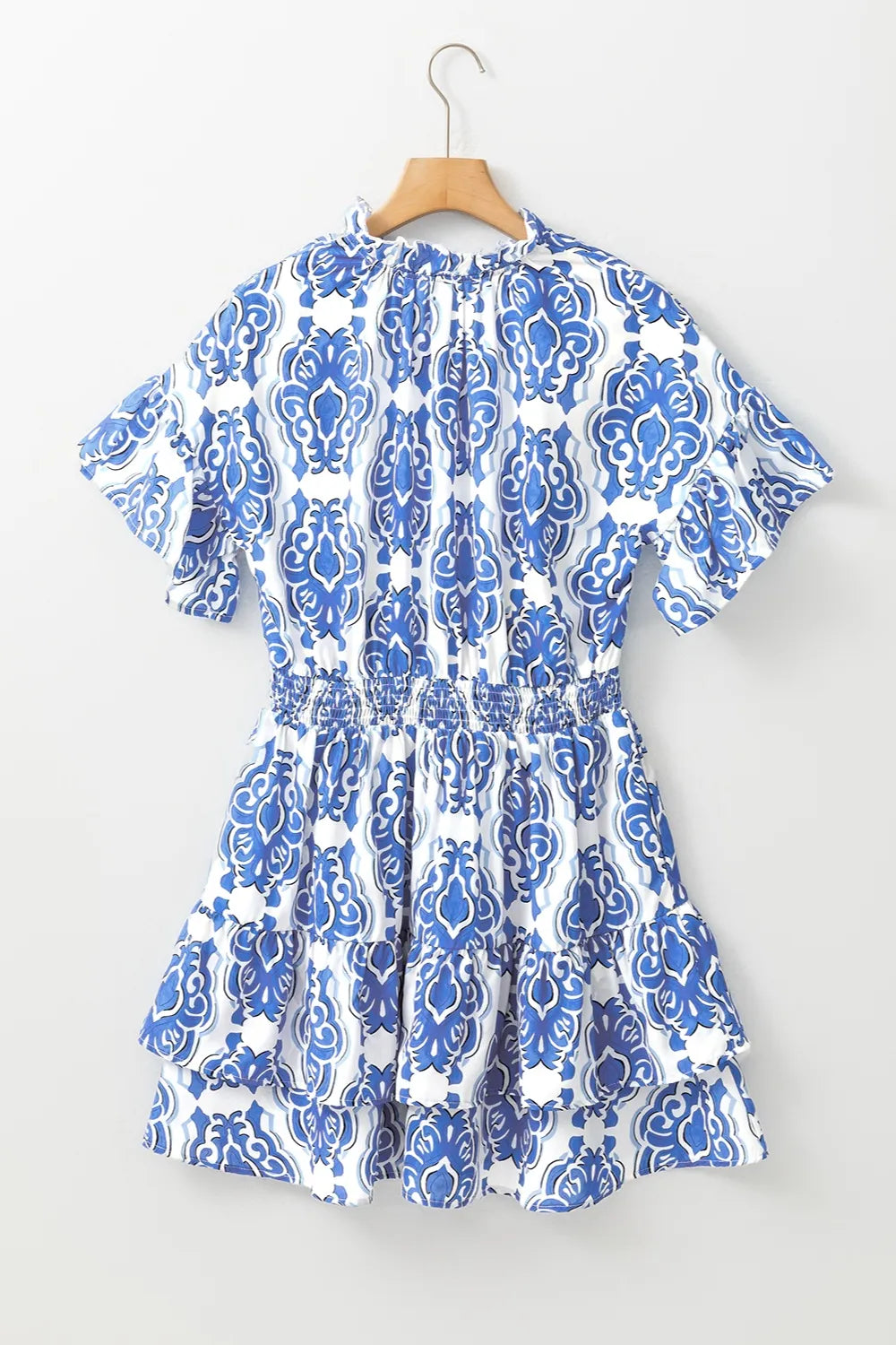 Damask Print Tie Neck Flutter Sleeve Smocked Waist Ruffle Mini Dress 5