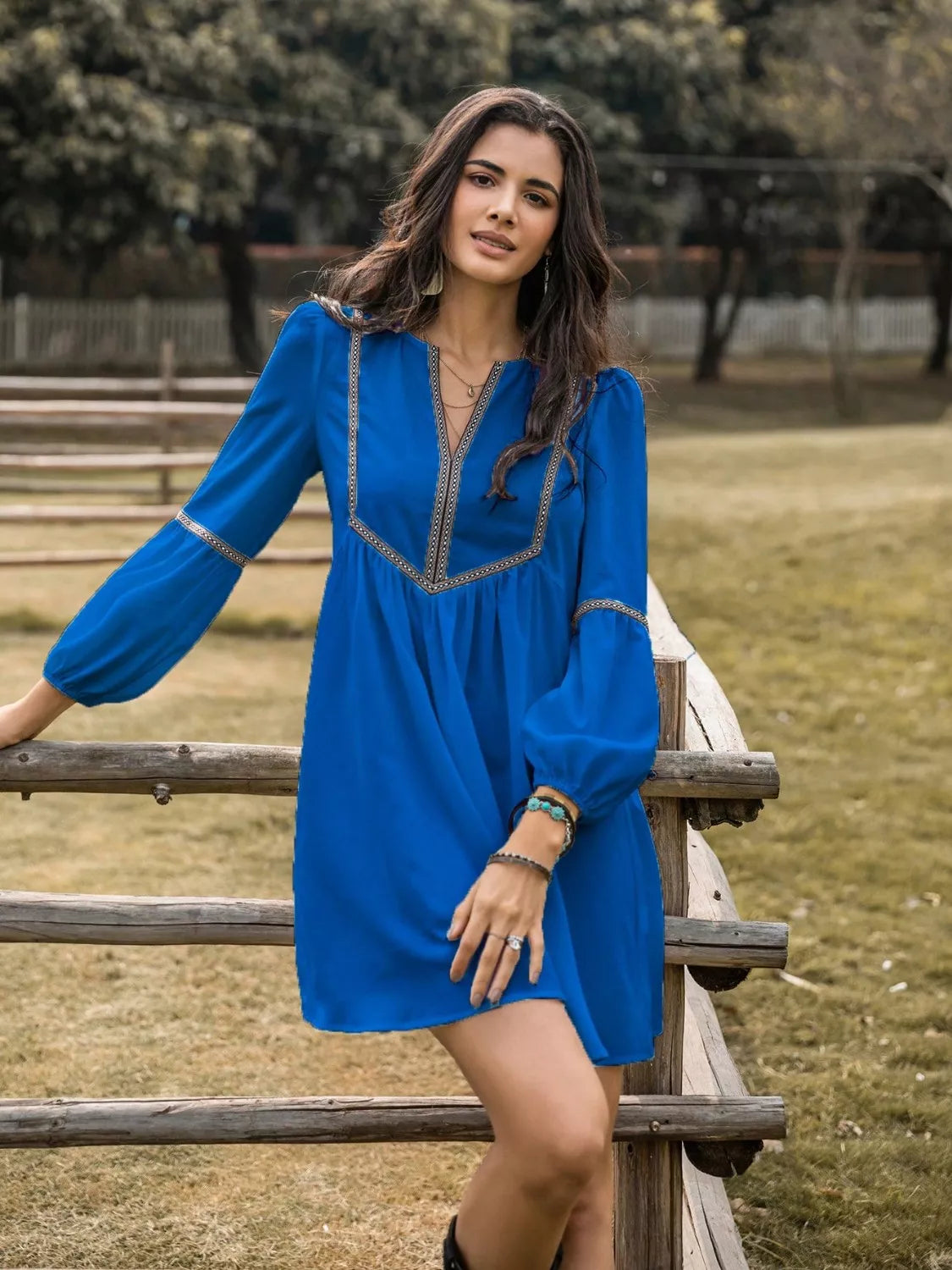 Embroidered Tape Trim Notch Neck Long Sleeve Smock Mini Dress 13