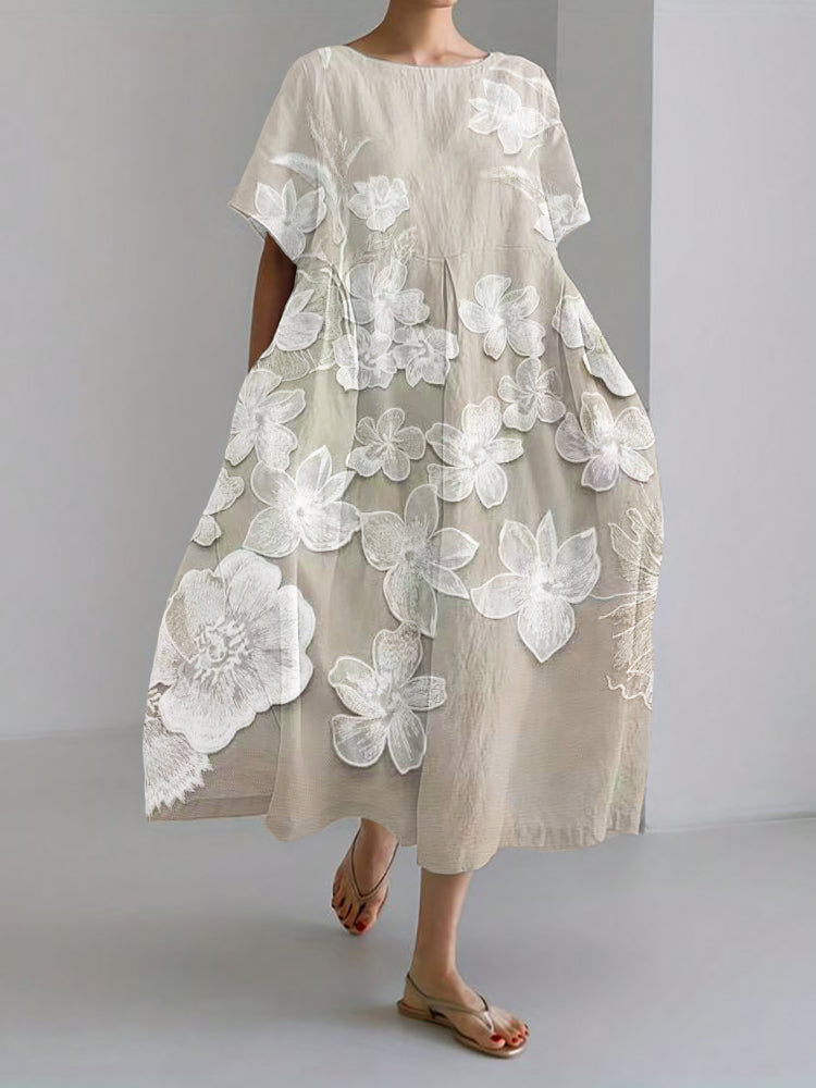 Floral Embroidered Round Neck Short Sleeve Linen Look Midi Dress