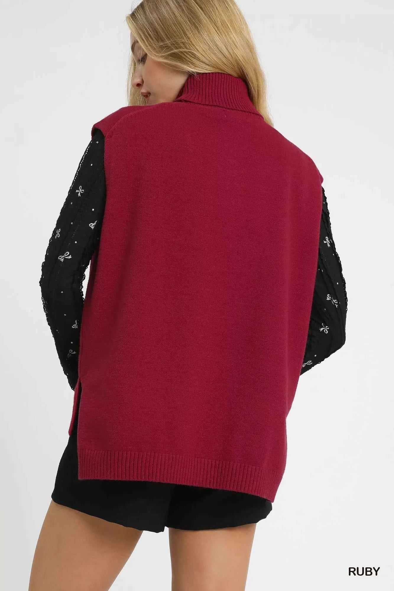 Umgee High-Low Turtleneck Sleeveless Sweater Top