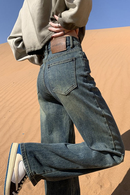 High Waist Vintage Wash Patch Back Wide Leg Denim Jeans