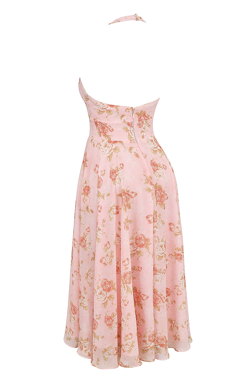 Rose Print Georgette Halter Plunge Full Skirt Midi Dress 11