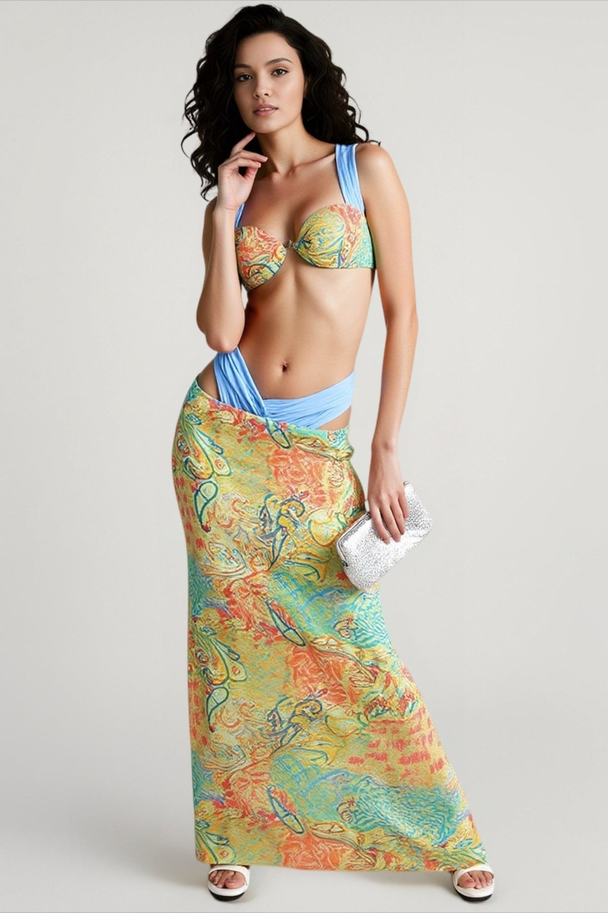 Paisley Print Contrast Strap Bra Top and Maxi Skirt Two Piece Set