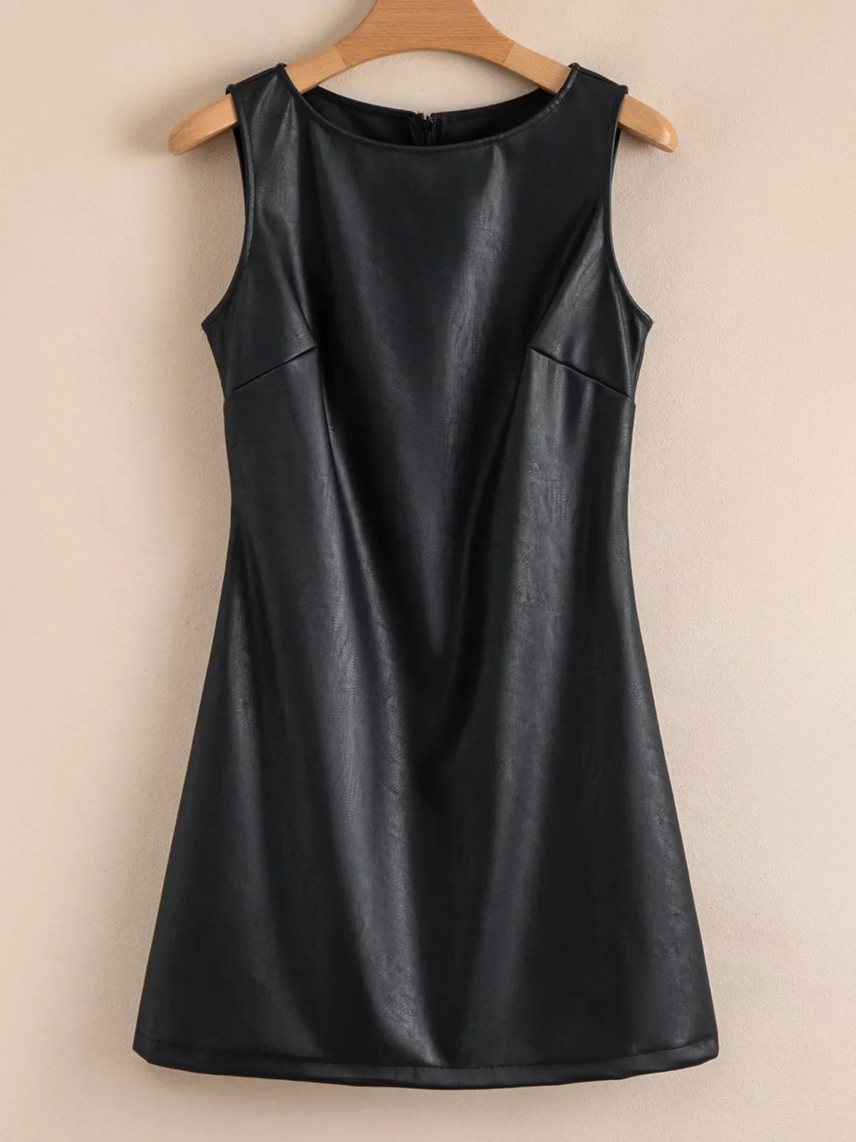 Faux Leather Sleeveless Boat Neck Shift Mini Dress 6